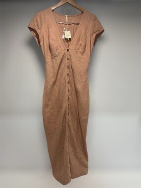 NWT Free People “New in Town” Button-Front V Neck Midi Dress in Tuscany Brown